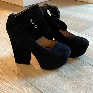 Celine black suede buckle heels